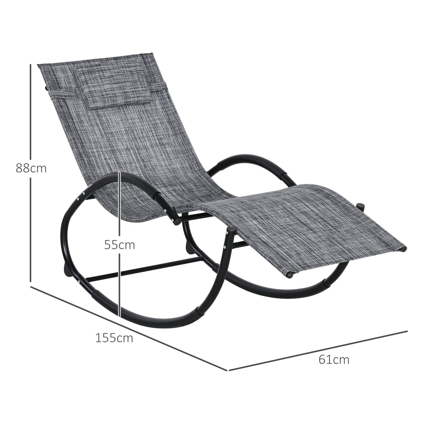 Outsunny Espreguiçadeira Baloiço de Jardim com Apoio para os Braços Almofada para a Cabeça Removível Espreguiçadeira de Exterior com Tecido Transpirável para Pátio Terraço 155x61x88 cm Cinza