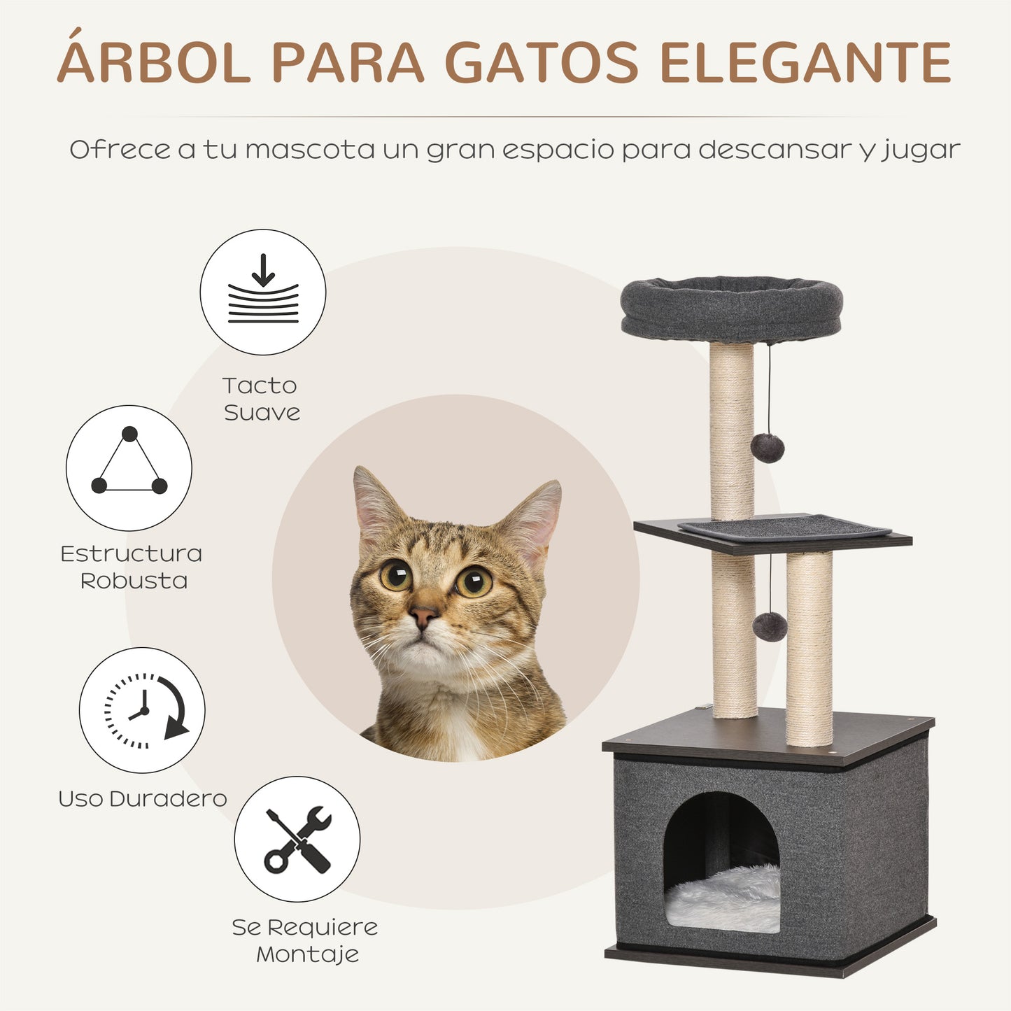 PawHut Árvore para Gatos com Caverna de Feltro Desmontável Postes Arranhadores de Sisal Natural Cama Superior Almofadas Removíveis e 2 Bolas de Brinquedo 40x40x104cm Cinza Escuro