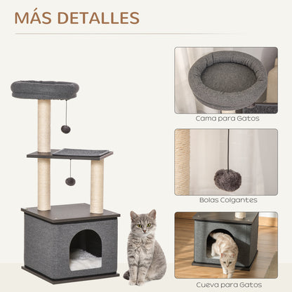 PawHut Árvore para Gatos com Caverna de Feltro Desmontável Postes Arranhadores de Sisal Natural Cama Superior Almofadas Removíveis e 2 Bolas de Brinquedo 40x40x104cm Cinza Escuro