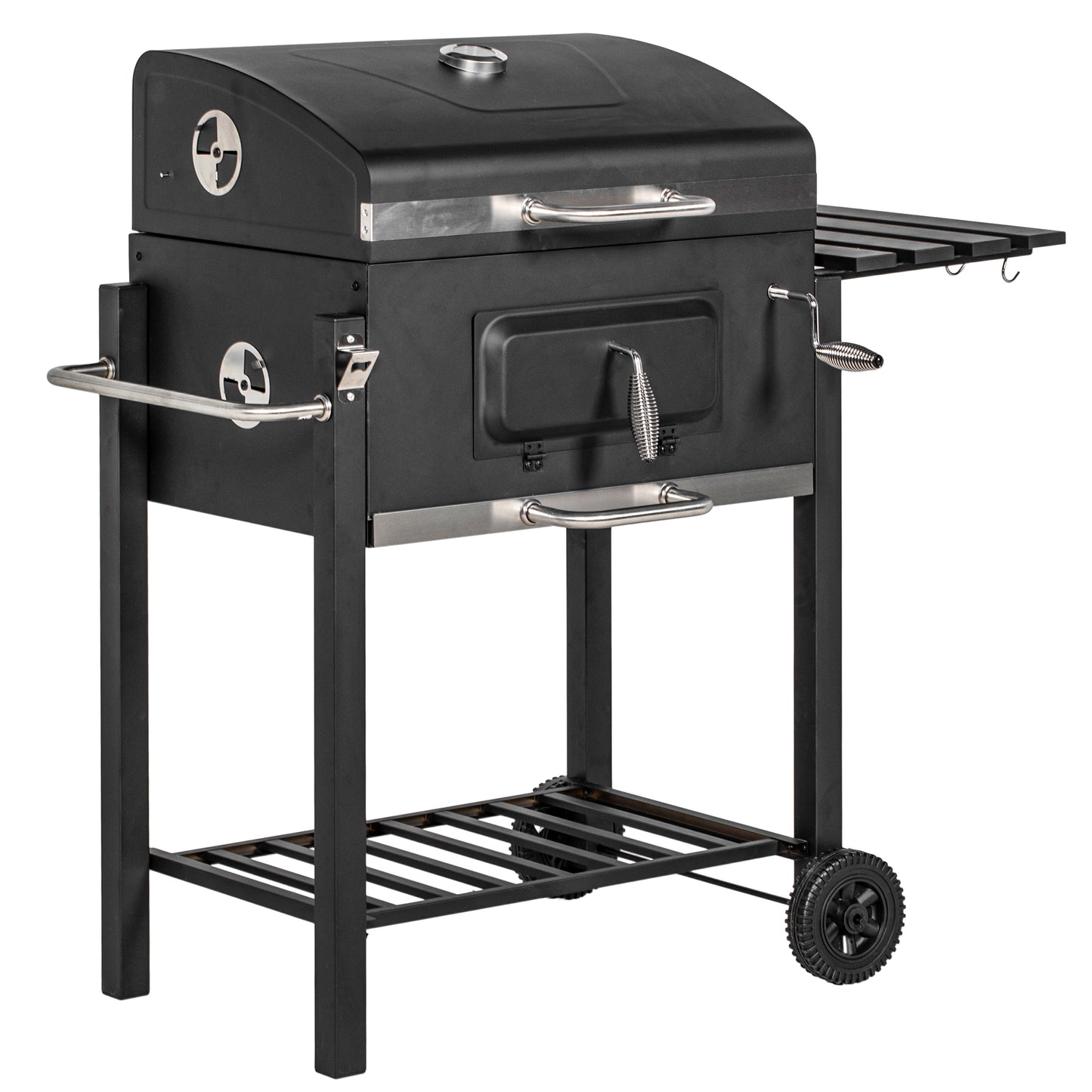 Outsunny Barbecue a Carvão com Rodas Barbecue com Tampa Grelhas de Aço Inoxidável Termômetro Fogão Ajustável Bandeja Lateral e Prateleira 113x65x108 cm Preto