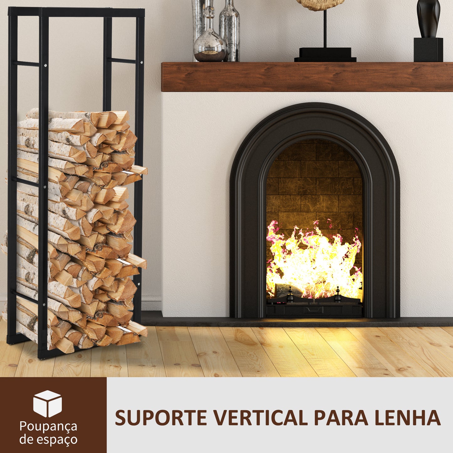 HOMCOM Suporte para Lenha de Metal Porta Lenha Metálico para Interior e Exterior Carga Máxima 100 kg 40x25x150 cm Preto