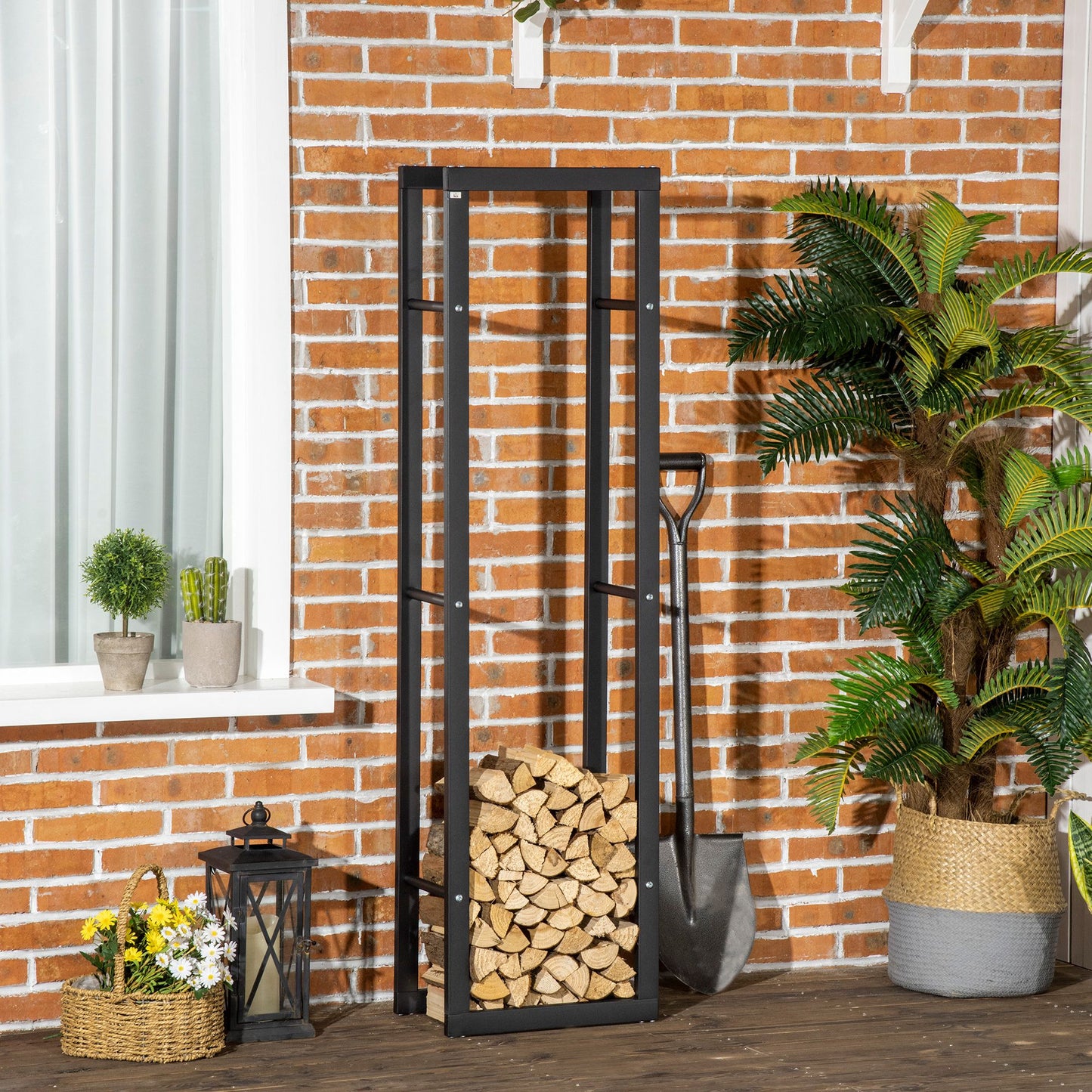 HOMCOM Suporte para Lenha de Metal Porta Lenha Metálico para Interior e Exterior Carga Máxima 100 kg 40x25x150 cm Preto