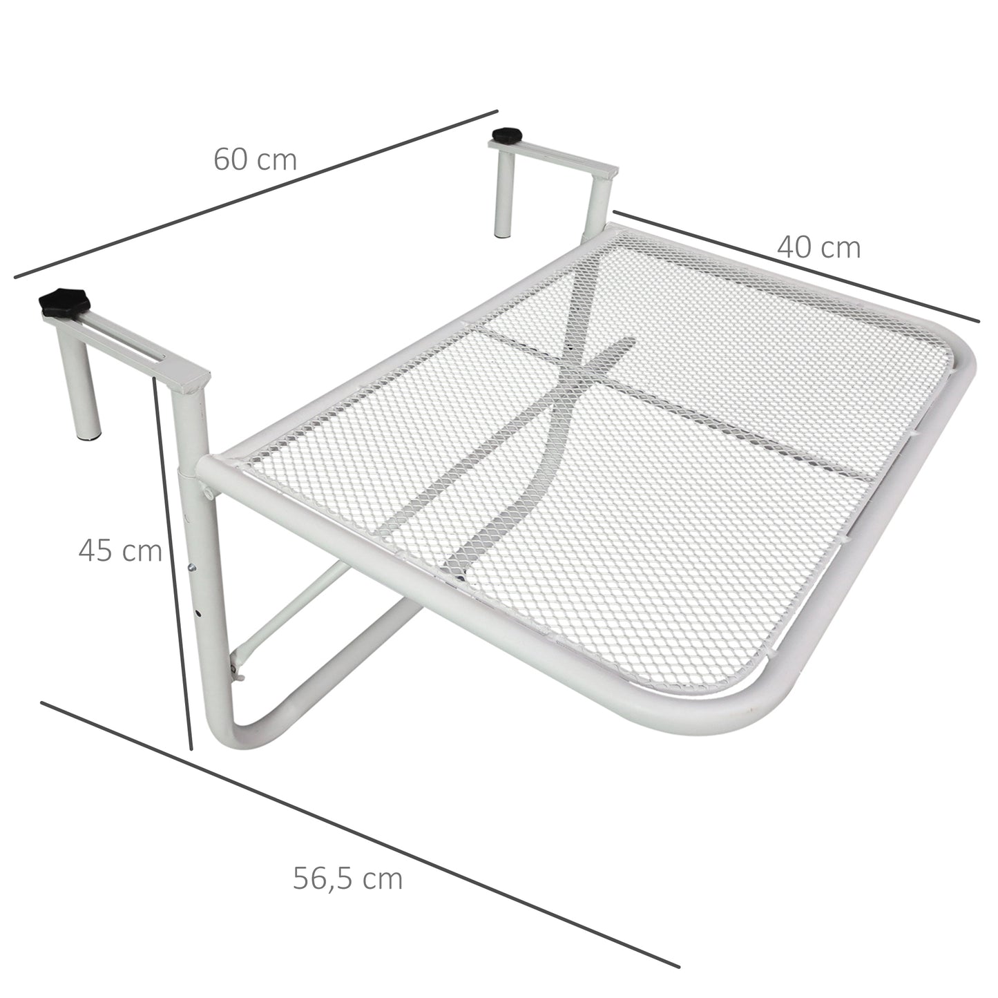 Outsunny Mesa Suspensa para Varanda com Braço Regulável e Altura Ajustável em 3 Posições Estrutura de Metal Carga Máxima 30 kg 60x56,5x45 cm Branco