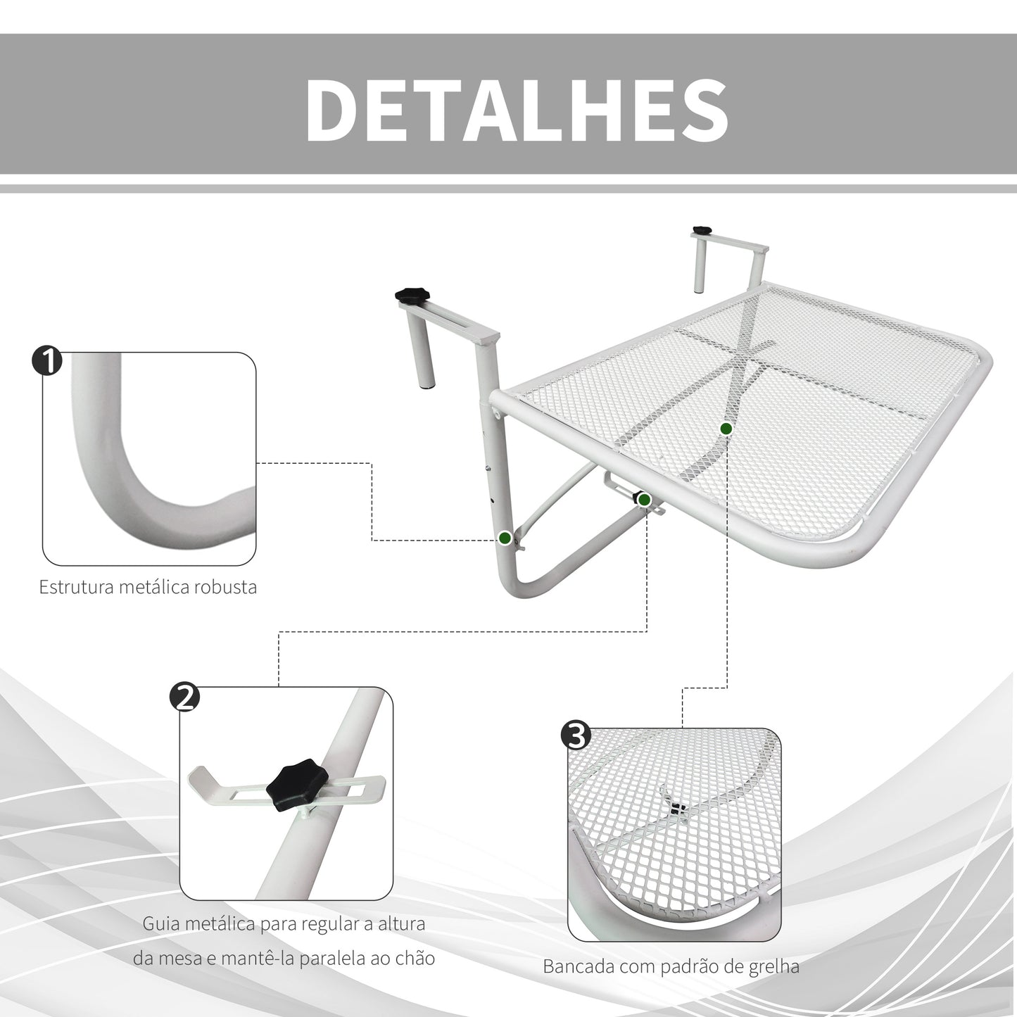 Outsunny Mesa Suspensa para Varanda com Braço Regulável e Altura Ajustável em 3 Posições Estrutura de Metal Carga Máxima 30 kg 60x56,5x45 cm Branco