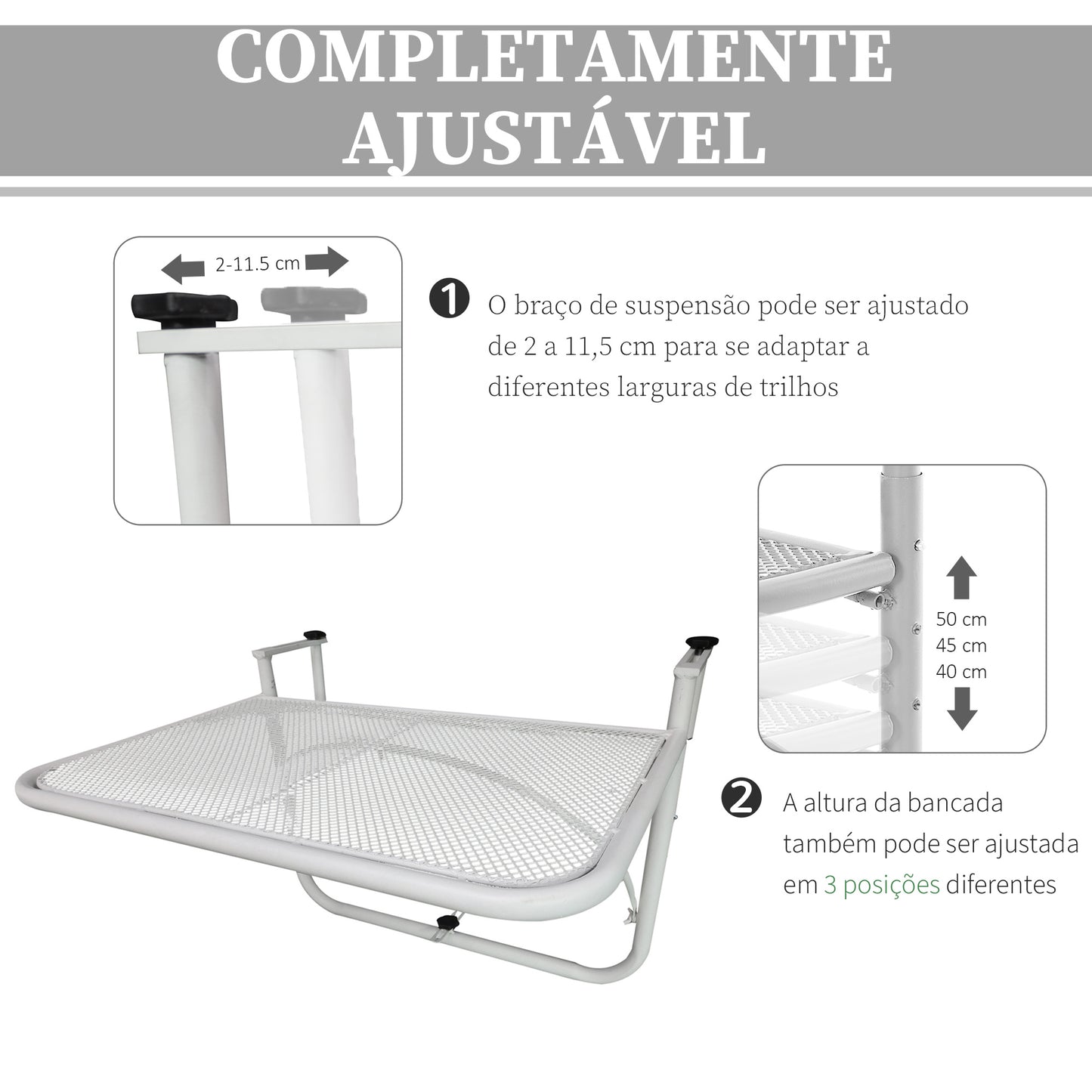 Outsunny Mesa Suspensa para Varanda com Braço Regulável e Altura Ajustável em 3 Posições Estrutura de Metal Carga Máxima 30 kg 60x56,5x45 cm Branco