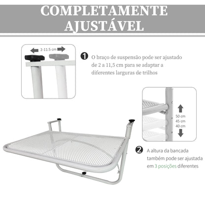 Outsunny Mesa Suspensa para Varanda com Braço Regulável e Altura Ajustável em 3 Posições Estrutura de Metal Carga Máxima 30 kg 60x56,5x45 cm Branco