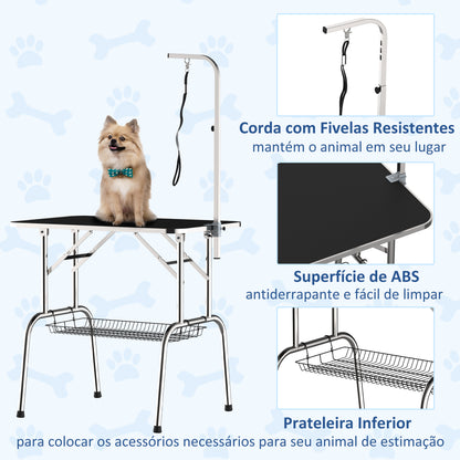 PawHut Mesa de Cabeleireiro para Animais de Estimação Mesa Sanitária Dobrável Aço, Alumínio, Chapa Anti-riscos e Borracha - 90x60x75 cm