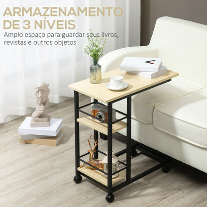 Mesa Auxiliar com Rodas Mesa Lateral em Forma de C para Sofá Cama com 2 Prateleiras e Freios para Dormitório Sala de Estar Estilo Moderno 60x34,5x64,5cm Madeira