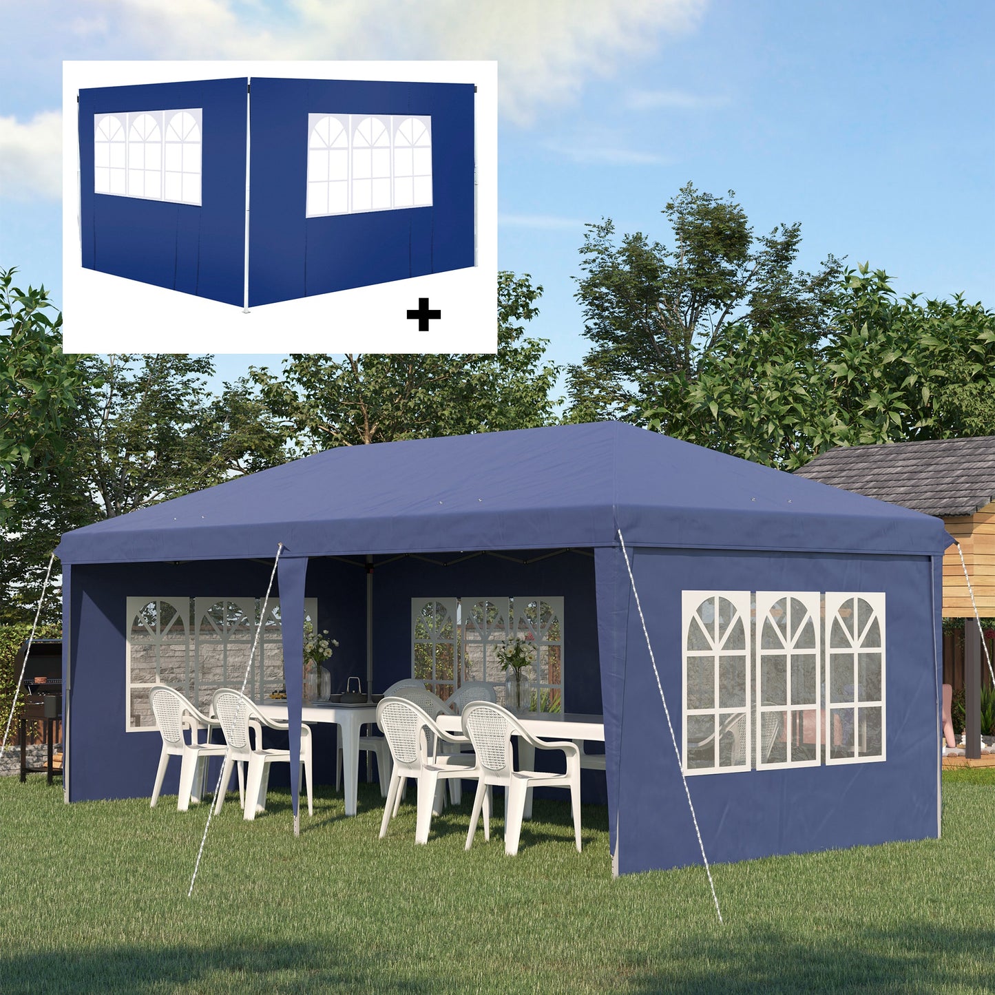 Outsunny Conjunto de Tenda Inclui 1 Tenda Dobrável 6x3 m Impermeável com 4 Laterais Removíveis e 2 Paredes Laterais 3x2 m para Tenda 3x3 m ou 3x6 m Azul