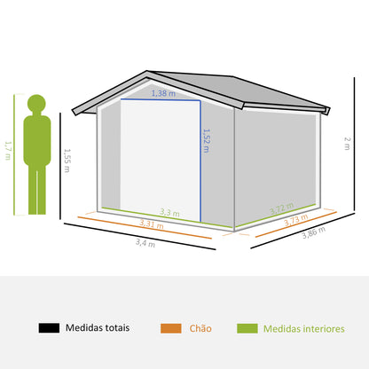 Outsunny Abrigo de Jardim Metálico 340x386x200cm Abrigo de Exterior para Armazenamento de Ferramentas com Base Incluida 4 Janelas de Ventilação e Porta Corredeira Verde