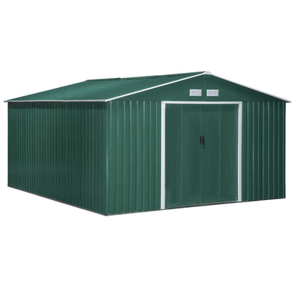 Outsunny Abrigo de Jardim Metálico 340x386x200cm Abrigo de Exterior para Armazenamento de Ferramentas com Base Incluida 4 Janelas de Ventilação e Porta Corredeira Verde