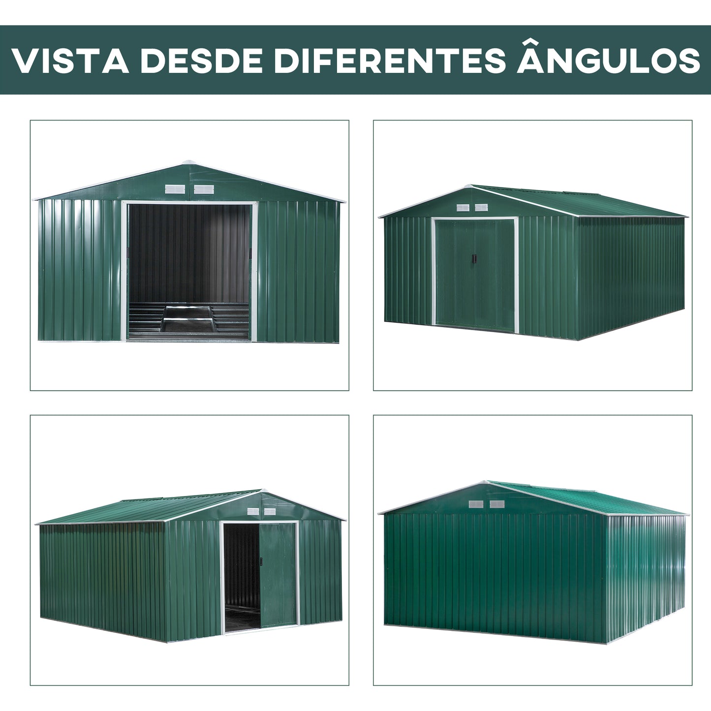 Outsunny Abrigo de Jardim Metálico 340x386x200cm Abrigo de Exterior para Armazenamento de Ferramentas com Base Incluida 4 Janelas de Ventilação e Porta Corredeira Verde