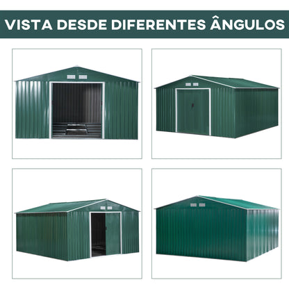 Outsunny Abrigo de Jardim Metálico 340x386x200cm Abrigo de Exterior para Armazenamento de Ferramentas com Base Incluida 4 Janelas de Ventilação e Porta Corredeira Verde