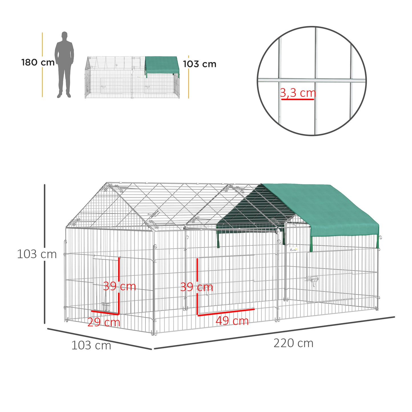 PawHut Gaiola para Animais de Estimação Pequenos 220x103x103cm Gaiola para Coelhos e Galinhas com 2 Portas e Proteção Solar para Exterior Jardim Pátio Prata e Verde