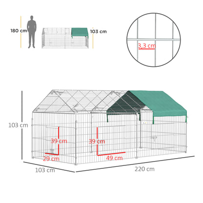 PawHut Gaiola para Animais de Estimação Pequenos 220x103x103cm Gaiola para Coelhos e Galinhas com 2 Portas e Proteção Solar para Exterior Jardim Pátio Prata e Verde