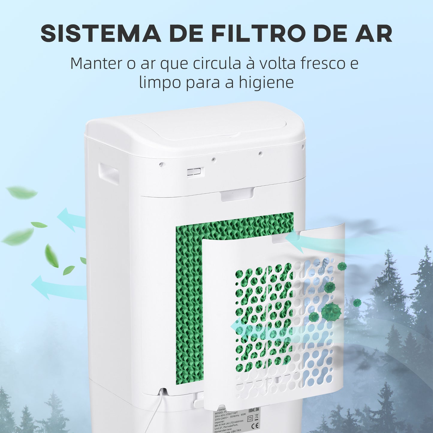 HOMCOM Climatizador Refrigerador de Ar Portátil 3 em 1 Refrigerador Oscilante com 3 Velocidades Controlo Remoto Temporizador 7,5h Ecrã LED Tanque de Água 37x32x78 cm Branco