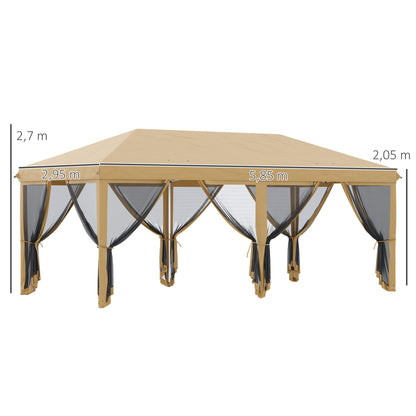 Outsunny Tenda para Festas 6x3 m Tenda de Jardim com 6 Mosquiteiros Bolsa de Transporte e Estrutura de Aço para Campismo Festas Bege