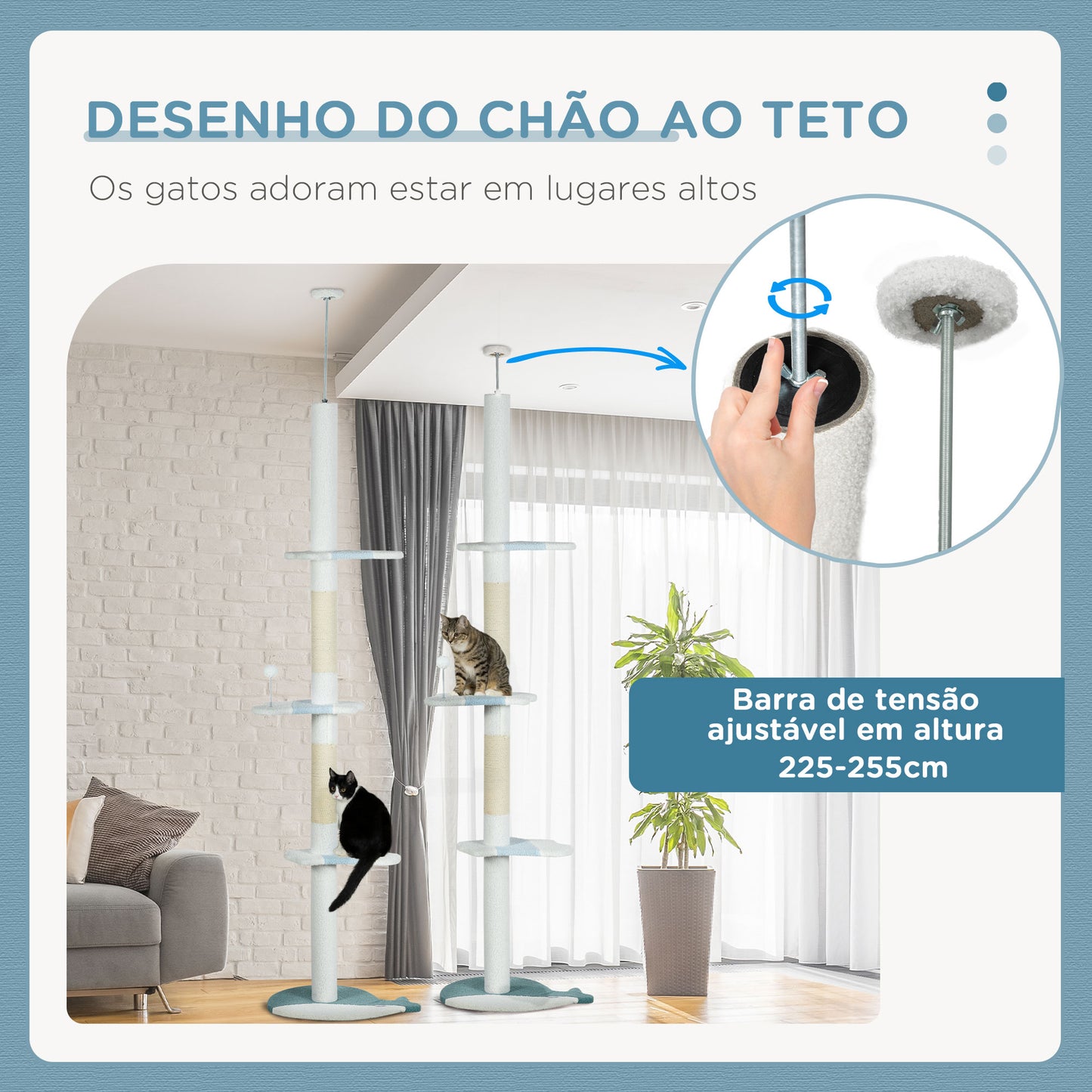 PawHut Arranhador para Gatos de 255 cm Torre para Gatos do Chão do Teto com Altura Ajustável 3 Plataformas em Forma de Onda Postes de Arranhar e 1 Bola 55x38x225-255 cm Branco