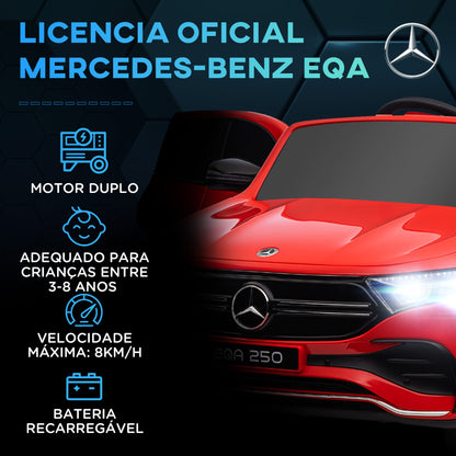 HOMCOM Carro Elétrico para Crianças Mercedes-Benz EQA Carro a Bateria 12V com Controlo Remoto Música Buzina Velocidade 3-8 km/h para Crianças 3-8 Anos 111,5x69x52,5 cm Vermelho