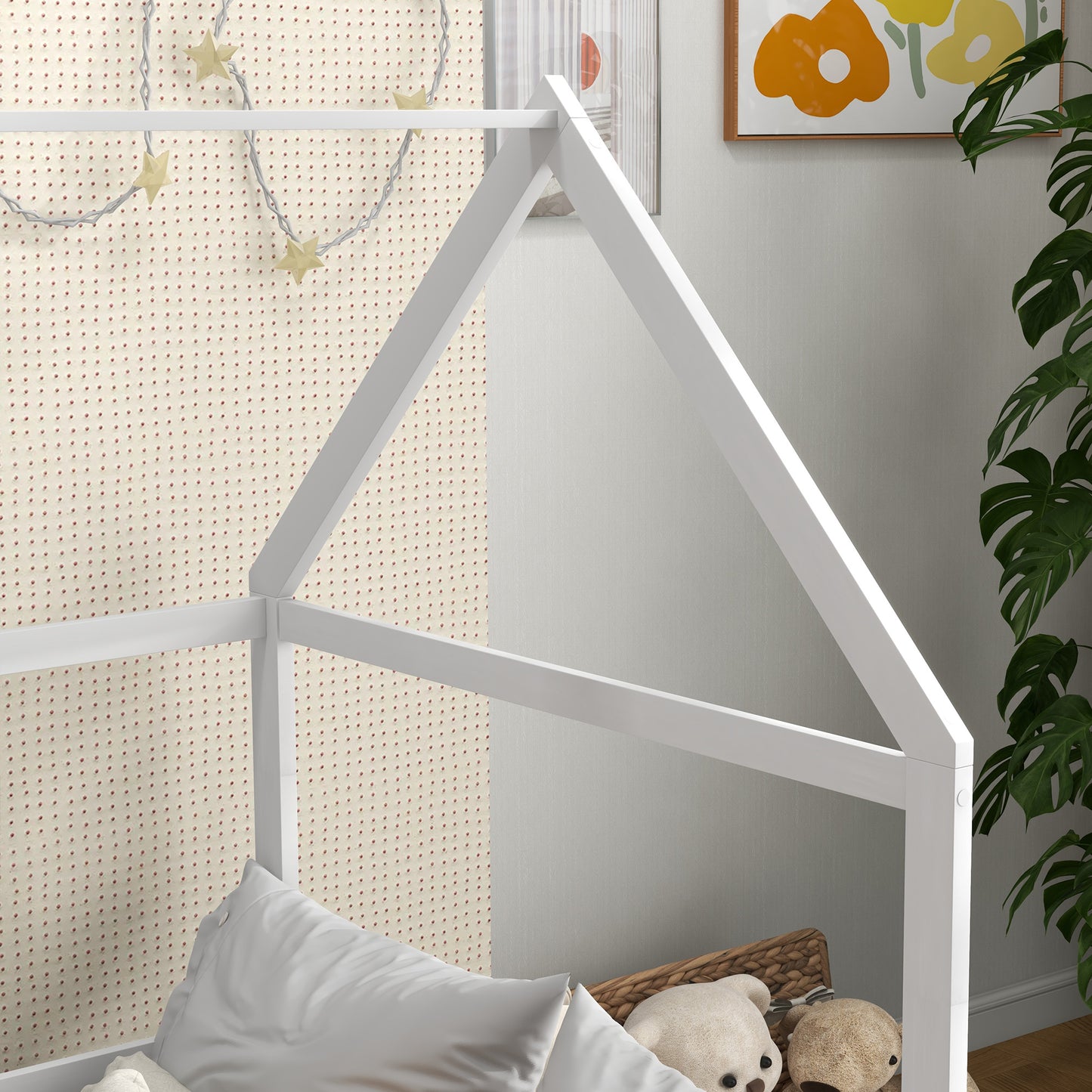 AIYAPLAY Cama para Crianças 90x190 cm Cama Infantil em Forma de Casa com Barreira Protetora Cama Casinha de Madeira Carga 60 kg Branco