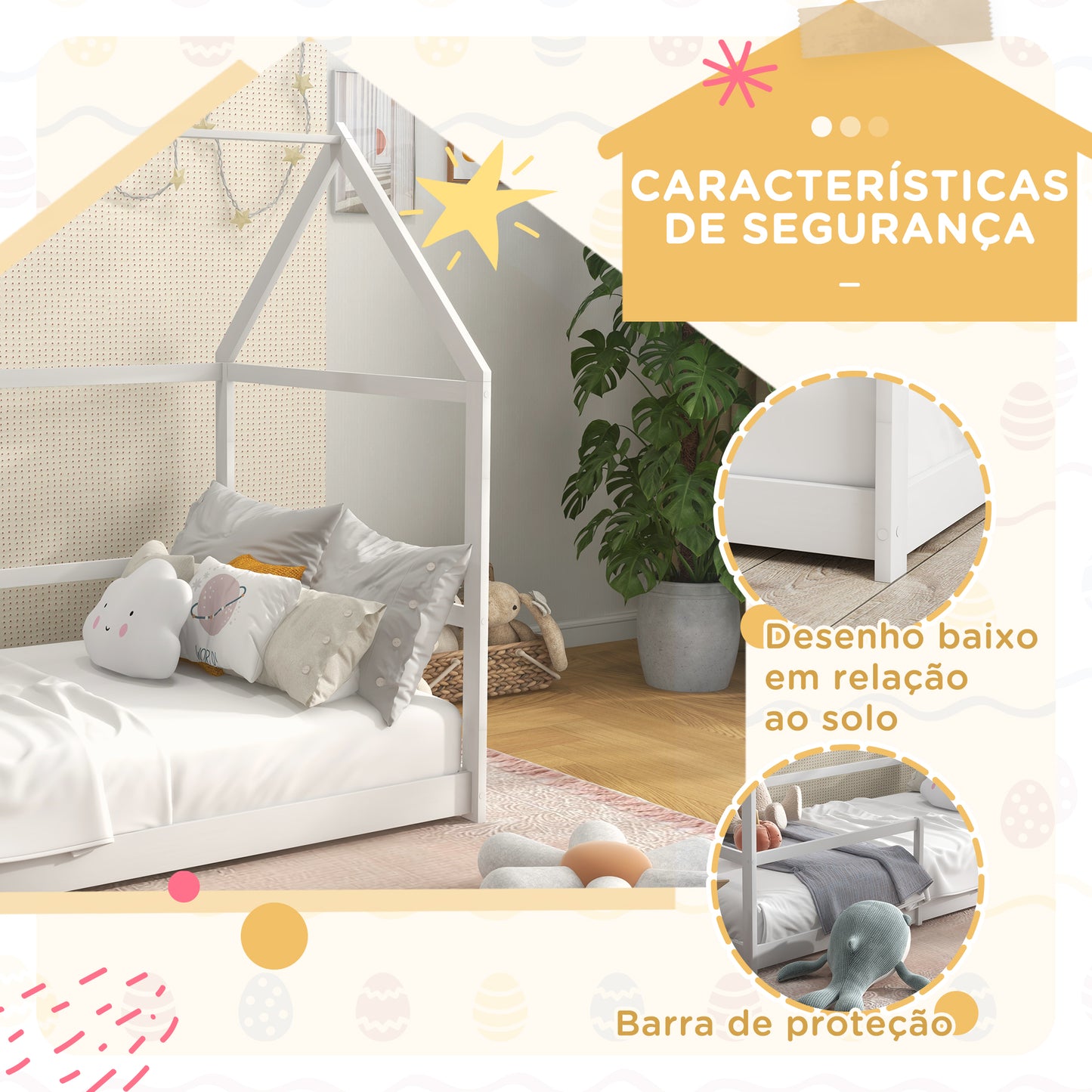 AIYAPLAY Cama para Crianças 90x190 cm Cama Infantil em Forma de Casa com Barreira Protetora Cama Casinha de Madeira Carga 60 kg Branco