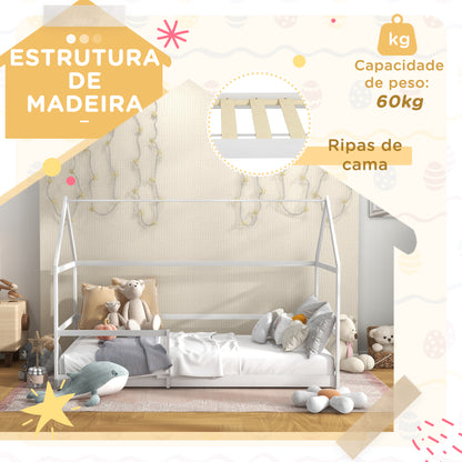 AIYAPLAY Cama para Crianças 90x190 cm Cama Infantil em Forma de Casa com Barreira Protetora Cama Casinha de Madeira Carga 60 kg Branco