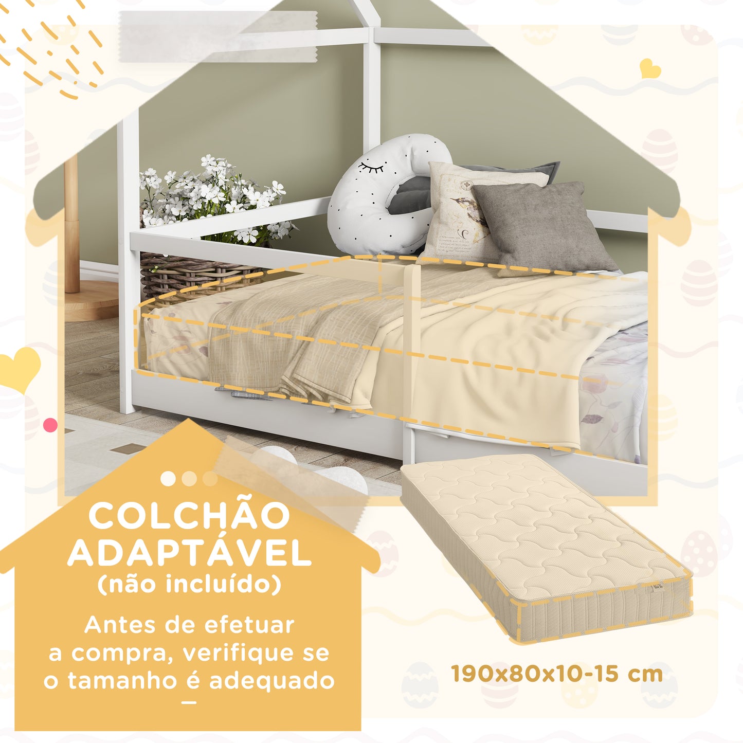 AIYAPLAY Cama para Crianças 90x190 cm Cama Infantil em Forma de Casa com Barreira Protetora Cama Casinha de Madeira Carga 60 kg Branco