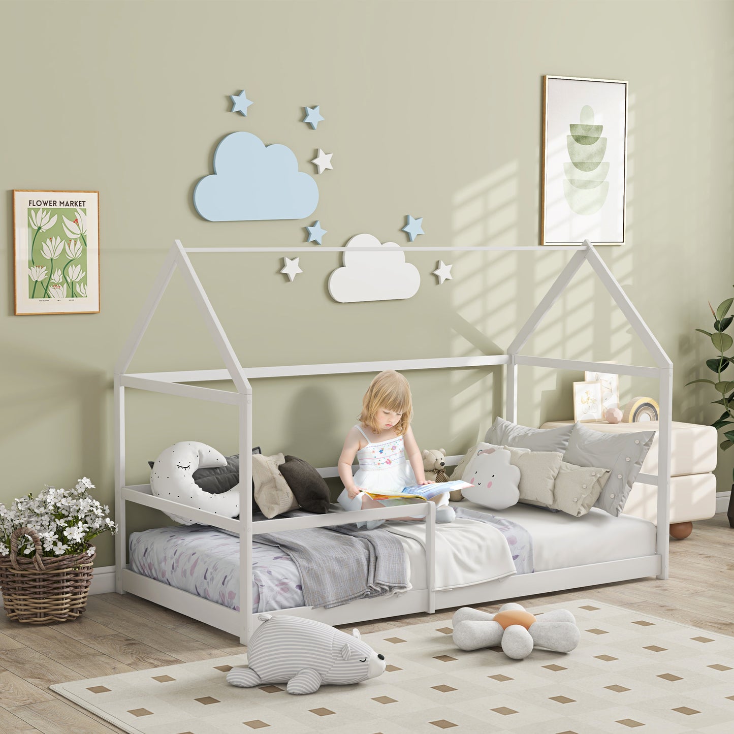 AIYAPLAY Cama para Crianças 90x190 cm Cama Infantil em Forma de Casa com Barreira Protetora Cama Casinha de Madeira Carga 60 kg Branco