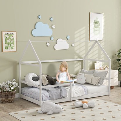 AIYAPLAY Cama para Crianças 90x190 cm Cama Infantil em Forma de Casa com Barreira Protetora Cama Casinha de Madeira Carga 60 kg Branco