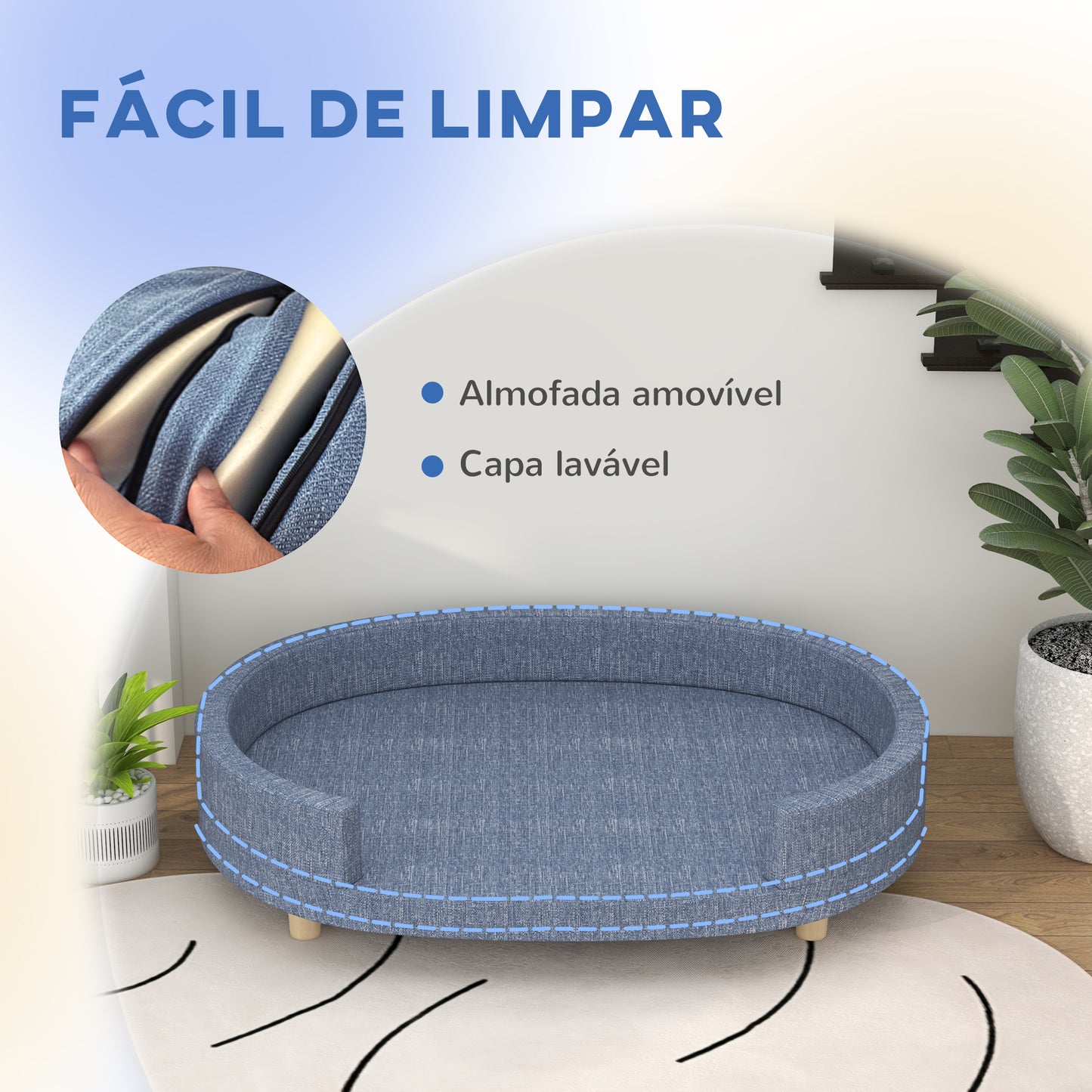 PawHut Sofá para Cães Grandes Sofá para Animais de Estimação com Almofada Amovível Capa Lavável e Pés de Madeira Carga 30 kg para Interior 100x70x25 cm Azul