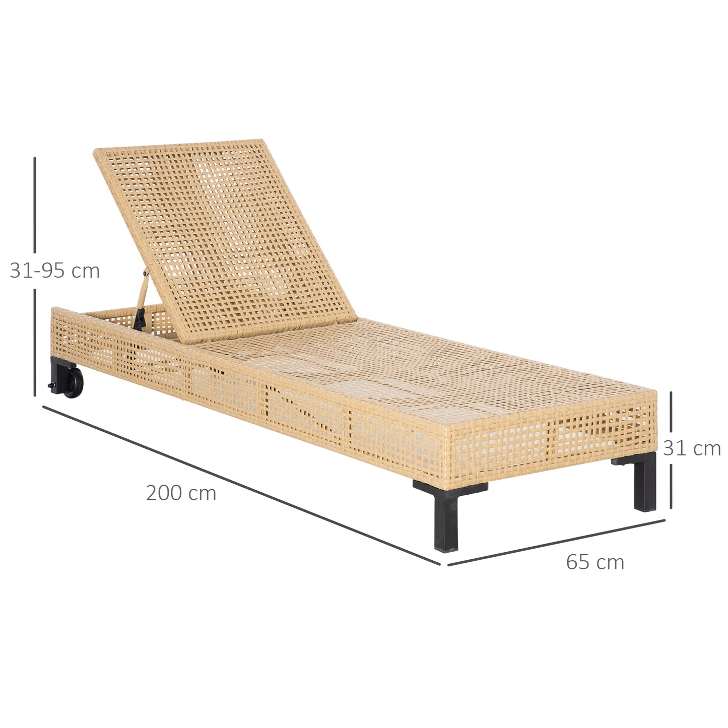 Outsunny Conjunto de 2 Espreguiçadeiras de Vime de Jardim Chaise Longue com Encosto Ajustável em 3 Posições Almofada Acolchoada e 2 Rodas para Terraço Exterior 65x200x31cm Natural e Bege