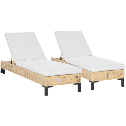 Outsunny Conjunto de 2 Espreguiçadeiras de Vime de Jardim Chaise Longue com Encosto Ajustável em 3 Posições Almofada Acolchoada e 2 Rodas para Terraço Exterior 65x200x31cm Natural e Bege