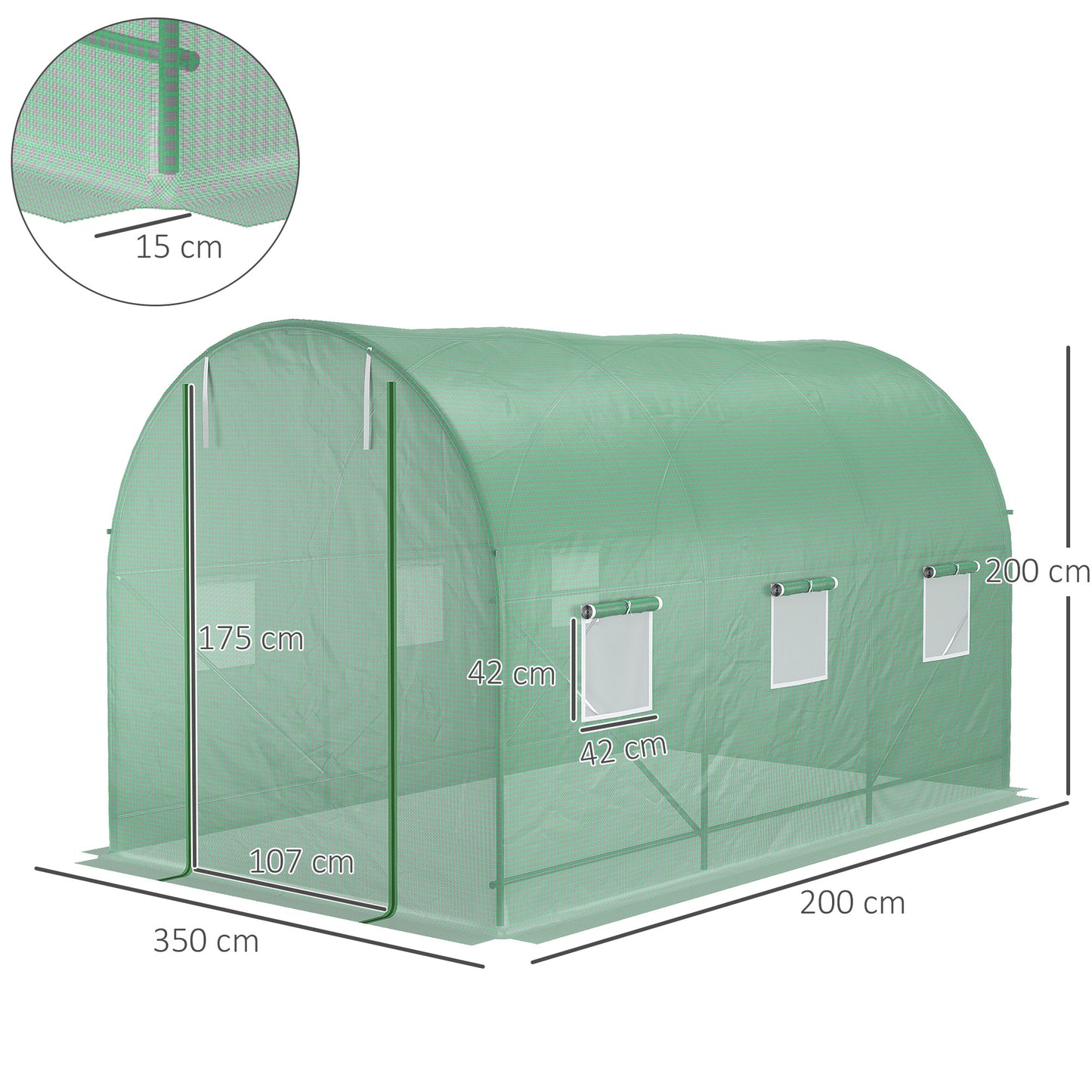 Outsunny Estufa Tipo Túnel de Jardim 350x200x200cm Estufa de Jardim com 6 Janelas Respiráveis e Porta Enrolável com Zíper para Cultivo de Plantas e Verduras Verde