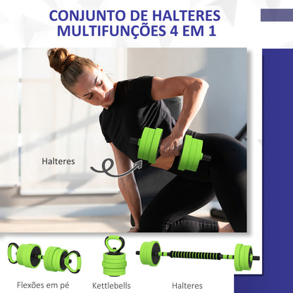 SPORTNOW Conjunto de Halteres 20kg 4 em 1 Conjunto de Pesos com Kettlebell Barra de Pesos para Treino de Força em Casa Ginásio Escritório Verde