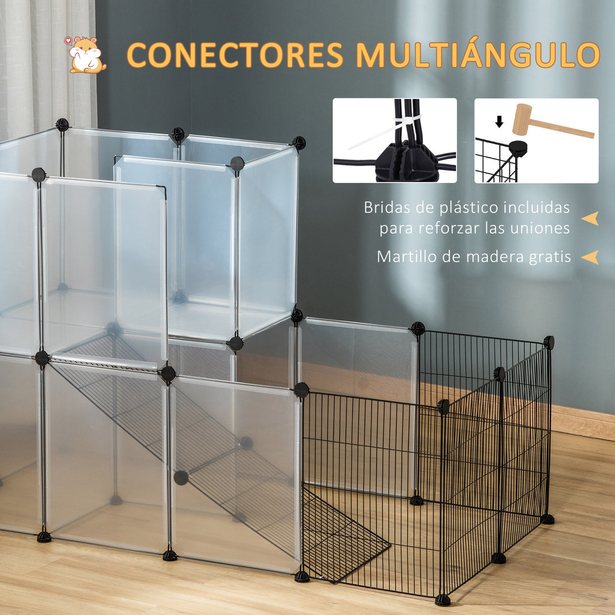 PawHut Recinto para Animais de Estimação Pequenos DIY com 21 Painéis de Resina e 6 Painéis de Arame Recinto Modular de Plástico para Hamsters Cobaias Coelhos 140x70x90cm Transparente e Preto