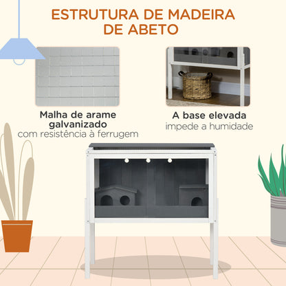 PawHut Gaiola para Hamster de Madeira 82x45x81cm Casa para Roedores com 2 Portas de Acrílico Prateleira Amovível 2 Casas para Animais Pequenos Cinza e Branco