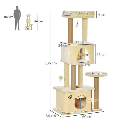 PawHut Árvore Arranhador para Gatos Centro de Atividades com Plataformas Cavernas de Felpa Suave Postes para Arranhar de Juta Bola Brinquedo Suspenso 60x34x136cm Bege