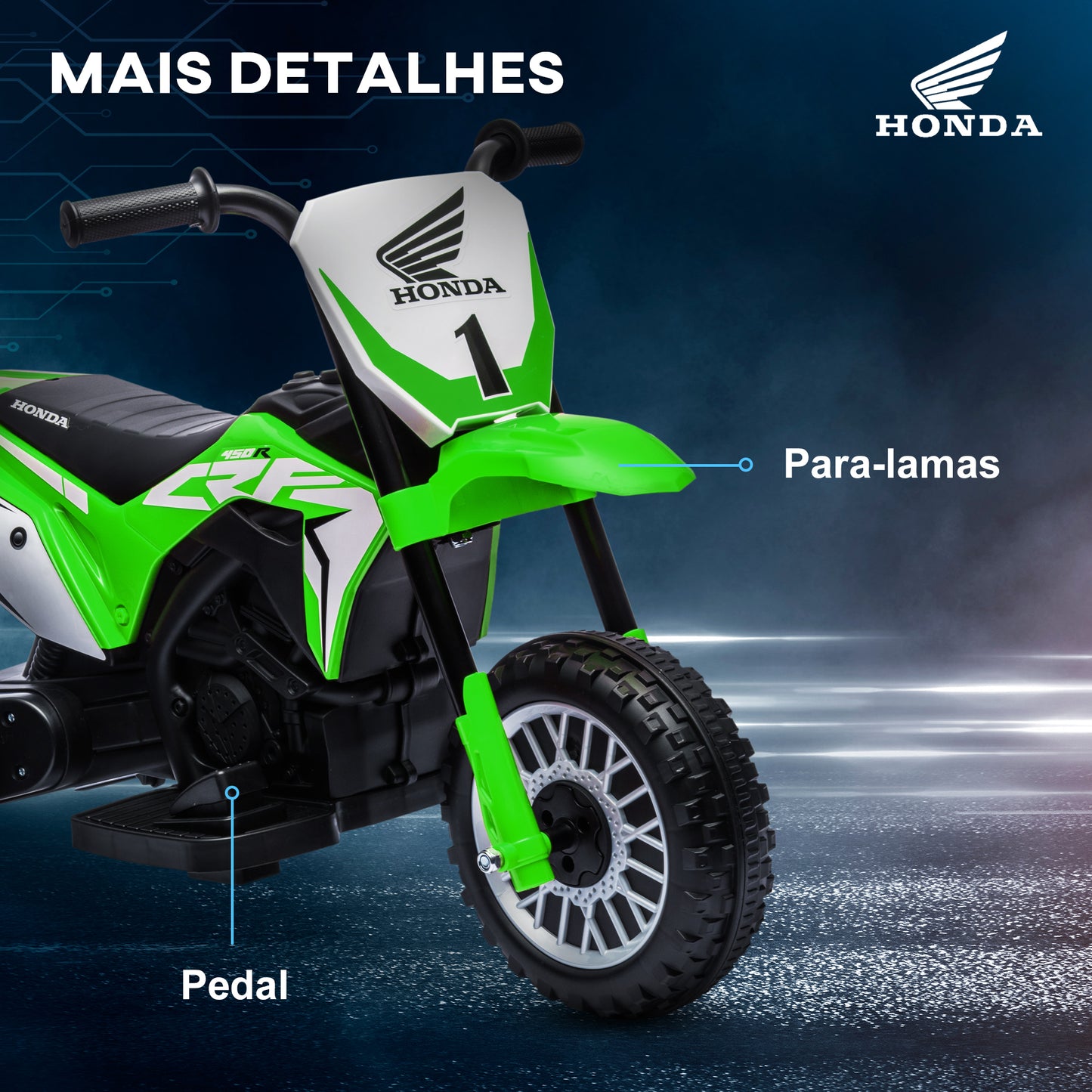 HOMCOM Mota Elétrica com Licença Honda CRF450RL para Crianças acima de 18 Meses Mota de Bateria 6V com Velocidade 3km/h Buzina e Som de Arranque Carga Máxima 25 kg 71x40,5x43,5 cm Verde