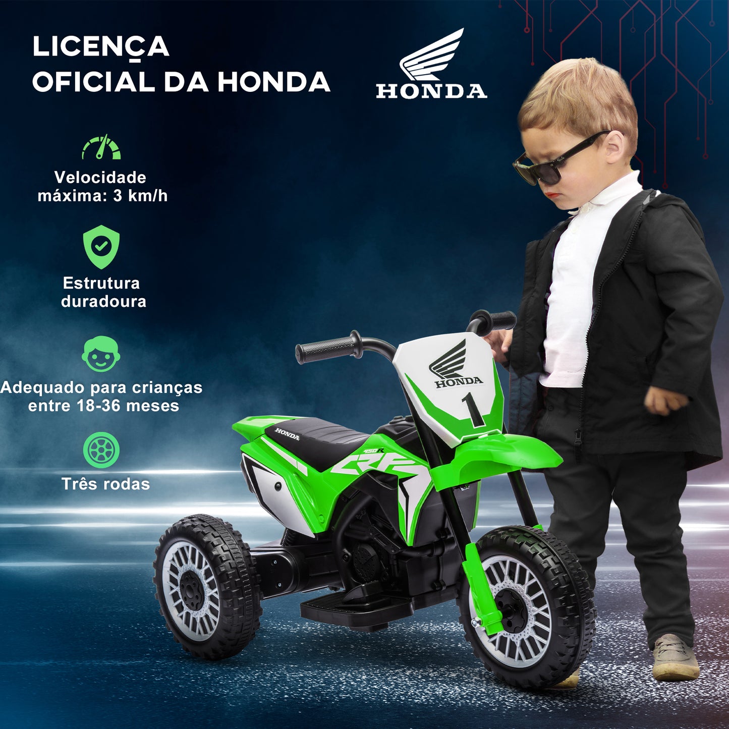 HOMCOM Mota Elétrica com Licença Honda CRF450RL para Crianças acima de 18 Meses Mota de Bateria 6V com Velocidade 3km/h Buzina e Som de Arranque Carga Máxima 25 kg 71x40,5x43,5 cm Verde