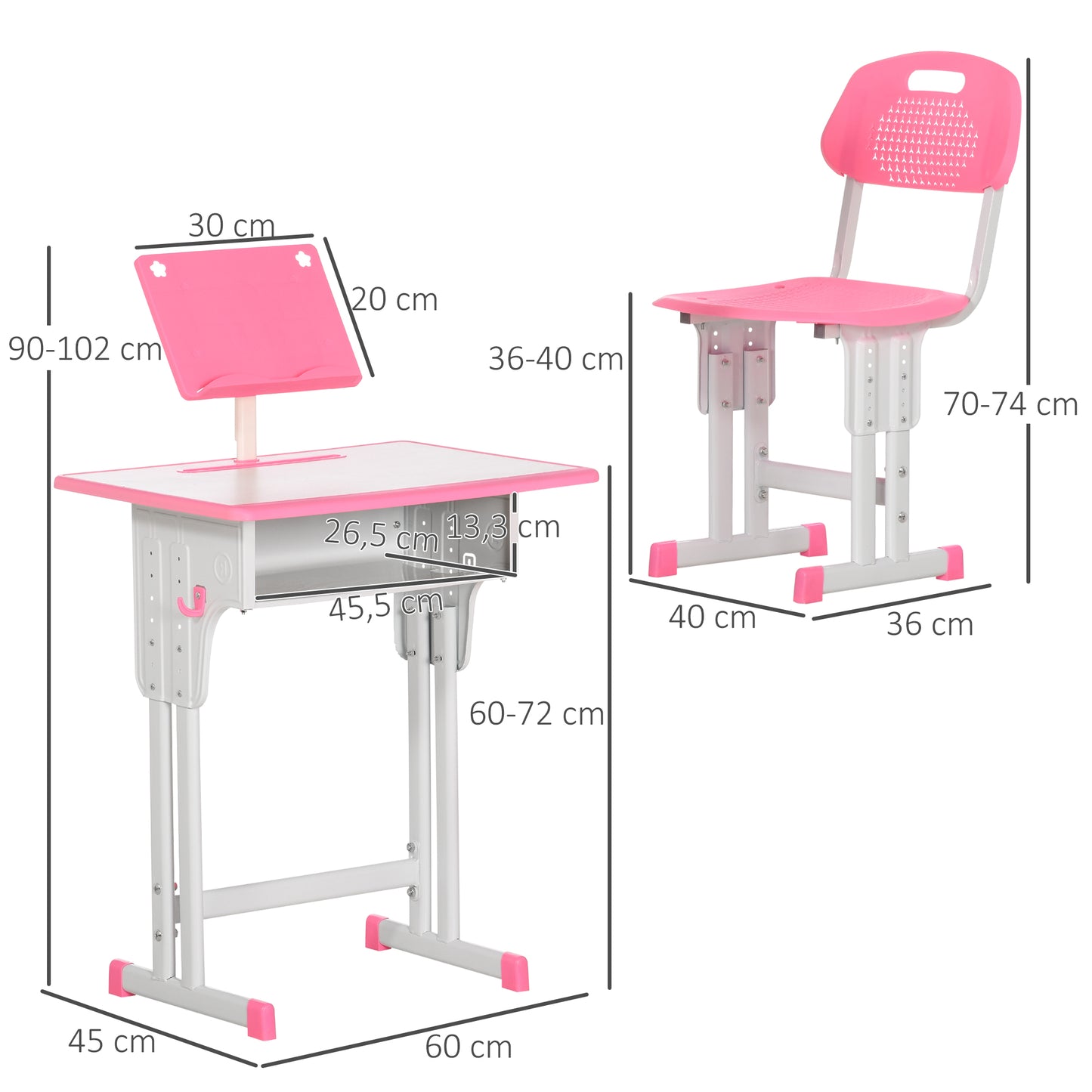 Conjunto de Secretária e Cadeira para Crianças de 6-12 Anos Secretária Infantil com Altura Ajustável 1 Gaveta 1 Suporte para Lápis e 1 Prateleira para Livros 60x45x90-120 cm Rosa