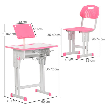 Conjunto de Secretária e Cadeira para Crianças de 6-12 Anos Secretária Infantil com Altura Ajustável 1 Gaveta 1 Suporte para Lápis e 1 Prateleira para Livros 60x45x90-120 cm Rosa