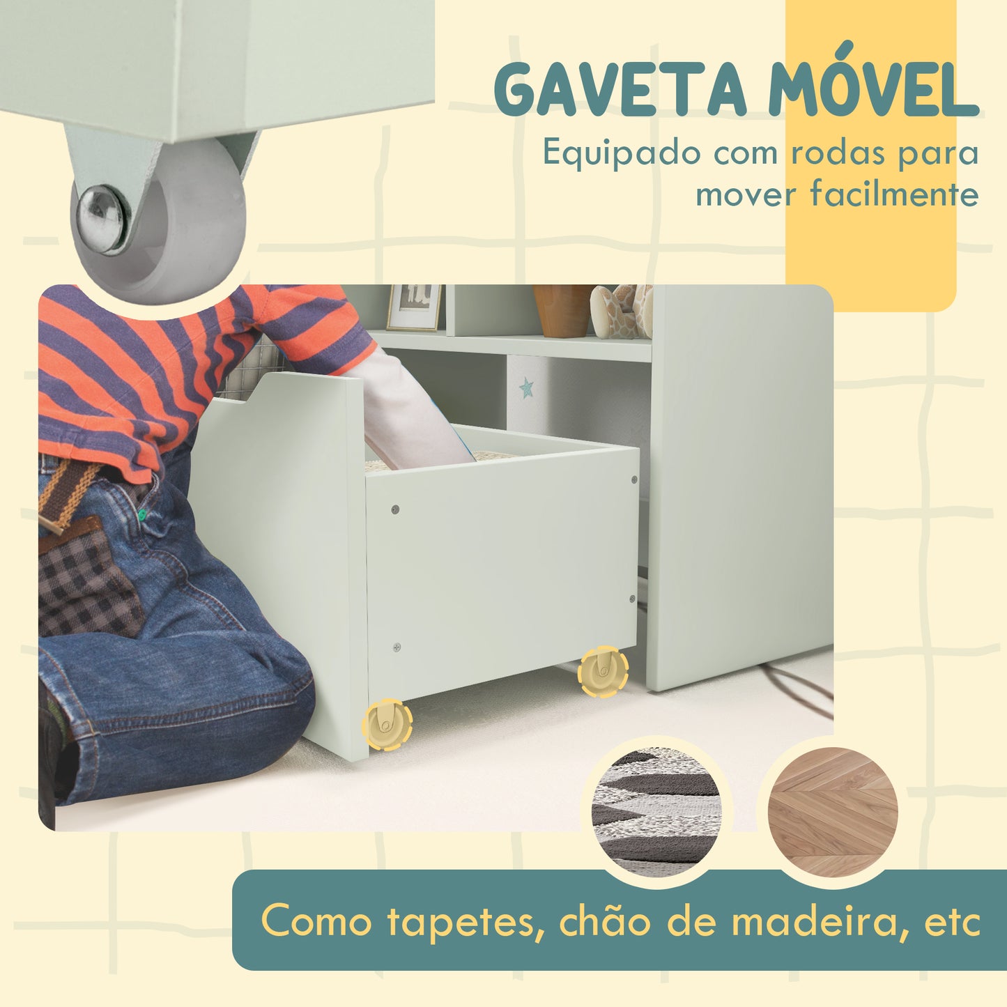 HOMCOM Estante de Madeira para Brinquedos com 3 Compartimentos 2 Prateleiras e Gaveta Móvel com 4 Rodas Estante para Livros Infantil para Dormitório Infantil Sala de Jogos 60x29,9x90 cm Verde