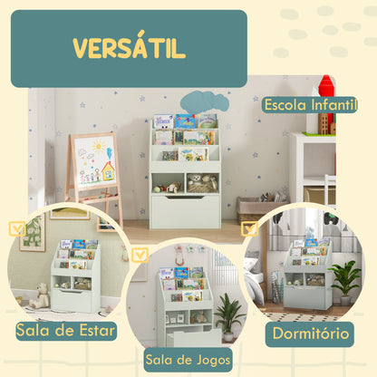 HOMCOM Estante de Madeira para Brinquedos com 3 Compartimentos 2 Prateleiras e Gaveta Móvel com 4 Rodas Estante para Livros Infantil para Dormitório Infantil Sala de Jogos 60x29,9x90 cm Verde