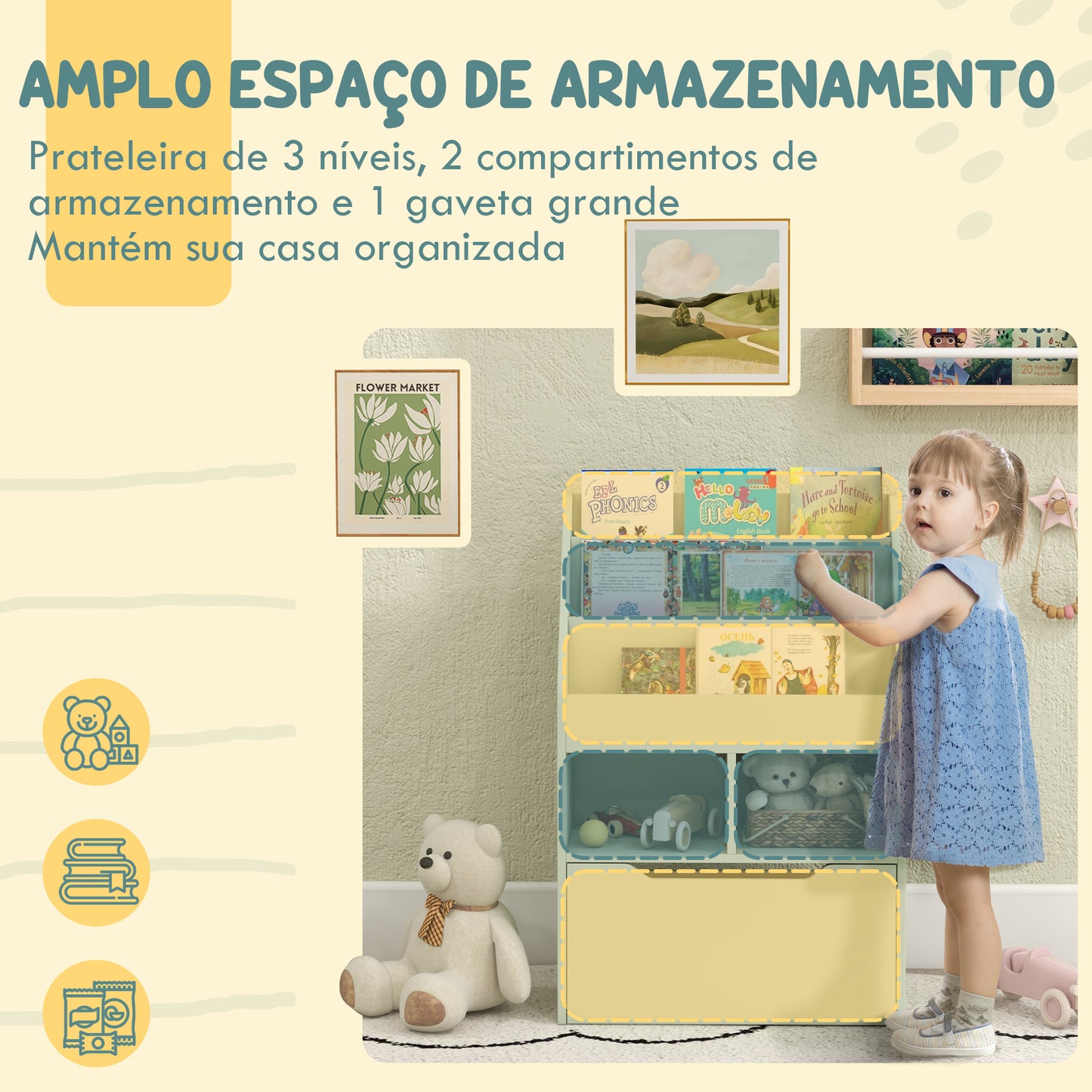 HOMCOM Estante de Madeira para Brinquedos com 3 Compartimentos 2 Prateleiras e Gaveta Móvel com 4 Rodas Estante para Livros Infantil para Dormitório Infantil Sala de Jogos 60x29,9x90 cm Verde