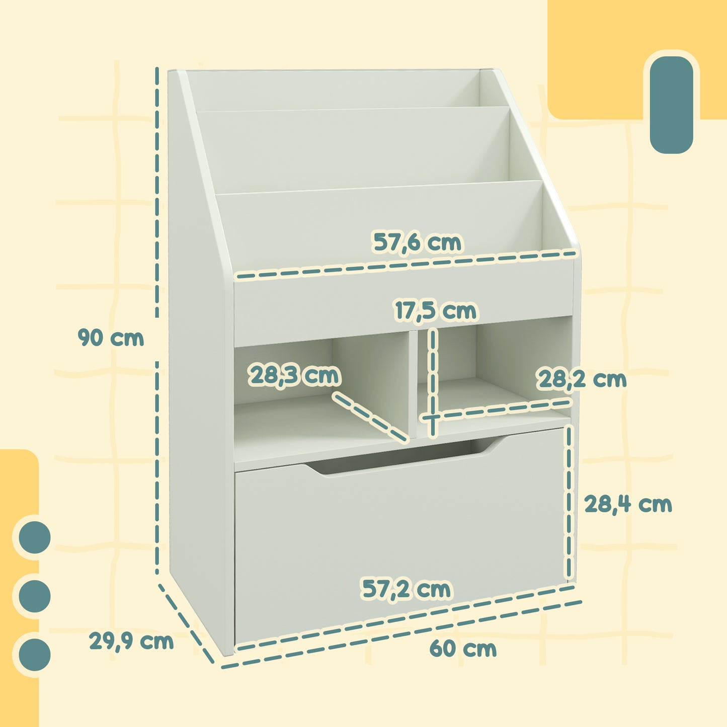 HOMCOM Estante de Madeira para Brinquedos com 3 Compartimentos 2 Prateleiras e Gaveta Móvel com 4 Rodas Estante para Livros Infantil para Dormitório Infantil Sala de Jogos 60x29,9x90 cm Verde