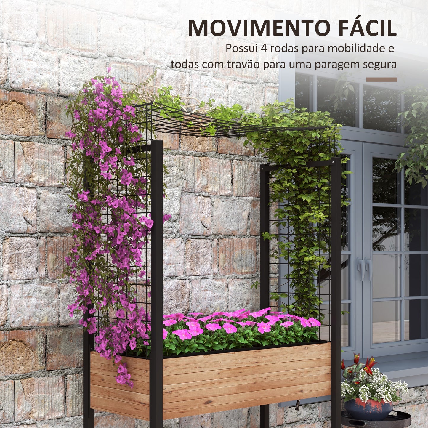 Outsunny Horta Elevada com Rodas Horta Urbana Elevada com Treliça Orifícios de Drenagem para Plantas Trepadeiras Flores 110x49x190 cm Marrom