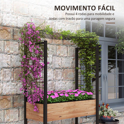 Outsunny Horta Elevada com Rodas Horta Urbana Elevada com Treliça Orifícios de Drenagem para Plantas Trepadeiras Flores 110x49x190 cm Marrom