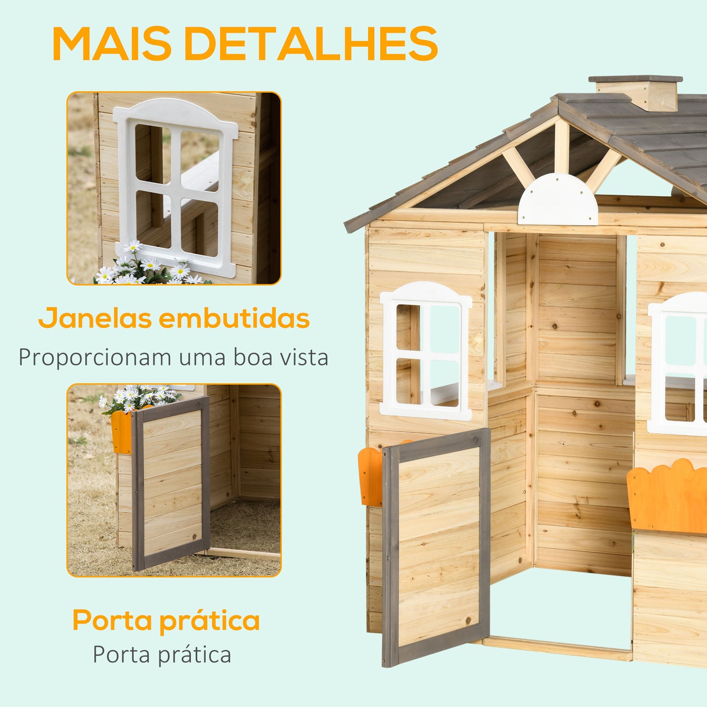 Outsunny Casa de Jardim de Madeira Casa de Madeira de Exterior para Crianças de 3-7 Anos com Janelas 2 Floreiras e 1 Banco 113x94x134,5 cm Madeira