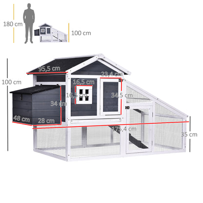 PawHut Galinheiro Exterior de Madeira Gaiola para Galinhas de 2 Níveis com Ninho Zona Aberta Teto Asfáltico Bandeja Removível e Rampa 175,4x95,5x100cm Cinza