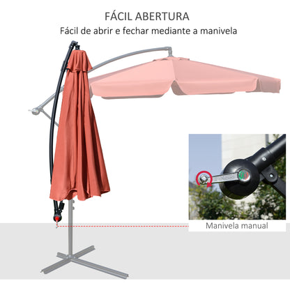 Outsunny Chapéu de Sol de Jardim Ø265 cm Chapéu de Sol Excêntrico com Teto Inclinável Manivela 8 Hastes de Metal e Base Cruzada Proteção Solar para Terraço Varanda Exterior Vermelho Salmão